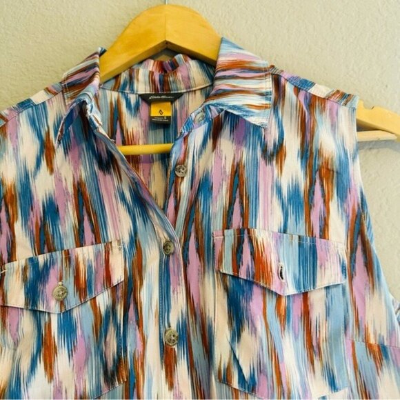 Eddie Bauer Blue IKAT Sleeveless Shirt Dress Small Boho Travel Summer Style - Picture 5 of 9